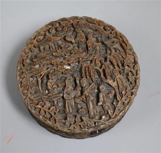 A 19th century carved Chinese tortoiseshell box diameter 8cm